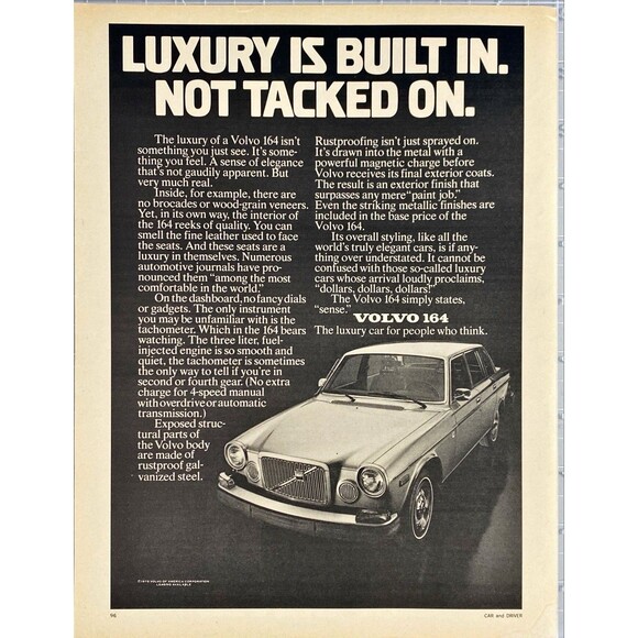 Volvo 164 "Luxury is Built In-Not Tacked On" Vintage Print Ad 1975 - Picture 1 of 3